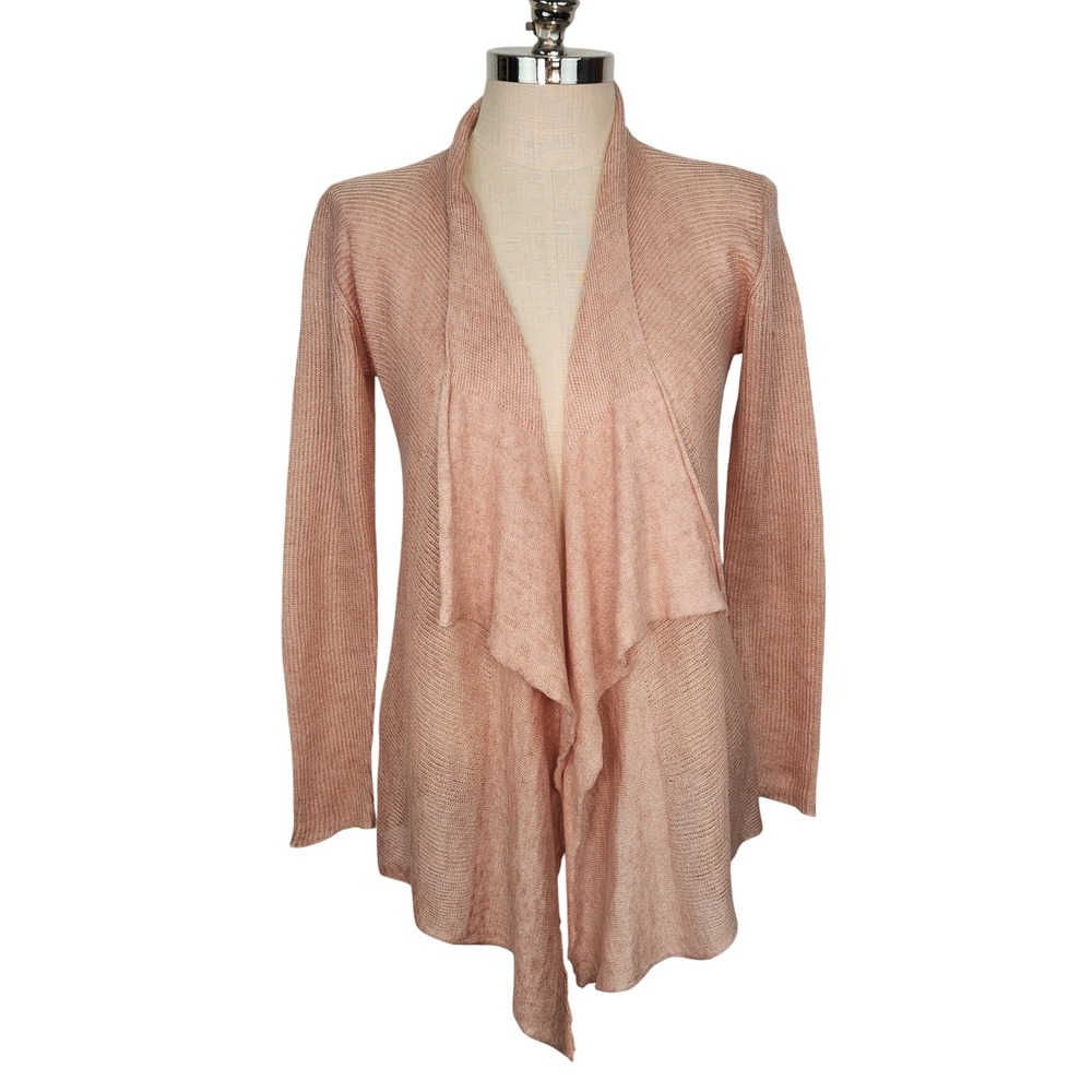 Eileen Fisher Pink 100% Linen Draped Open Front Cardigan Sweater Womens Small